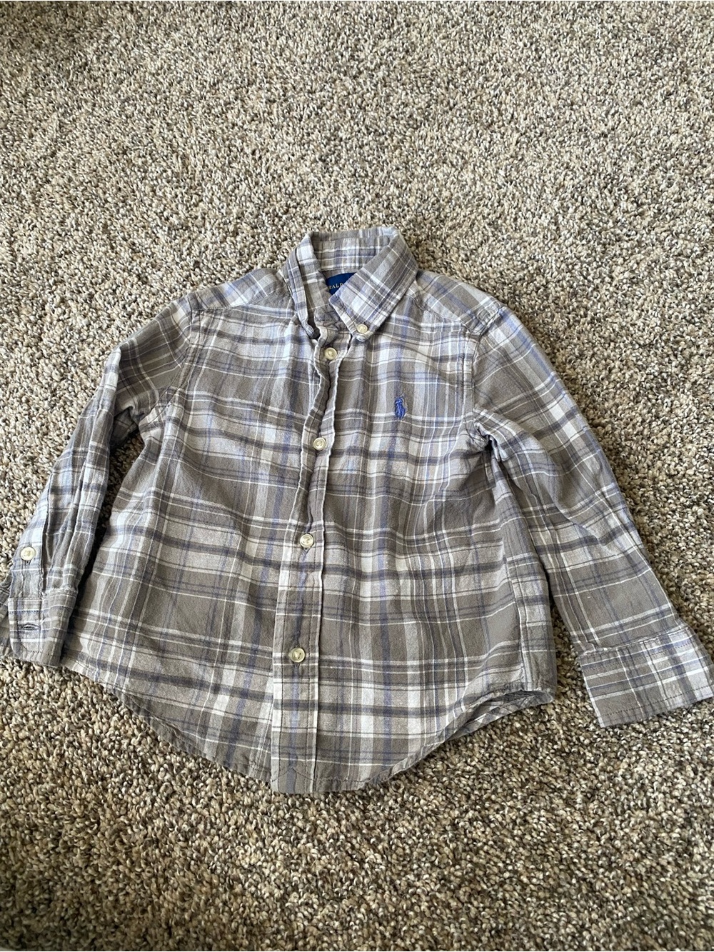 Ralph Lauren Gray and White Plaid Button-Up Shirt with Embroidered Logo Size 2T